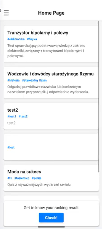HomeScreen — lista testów