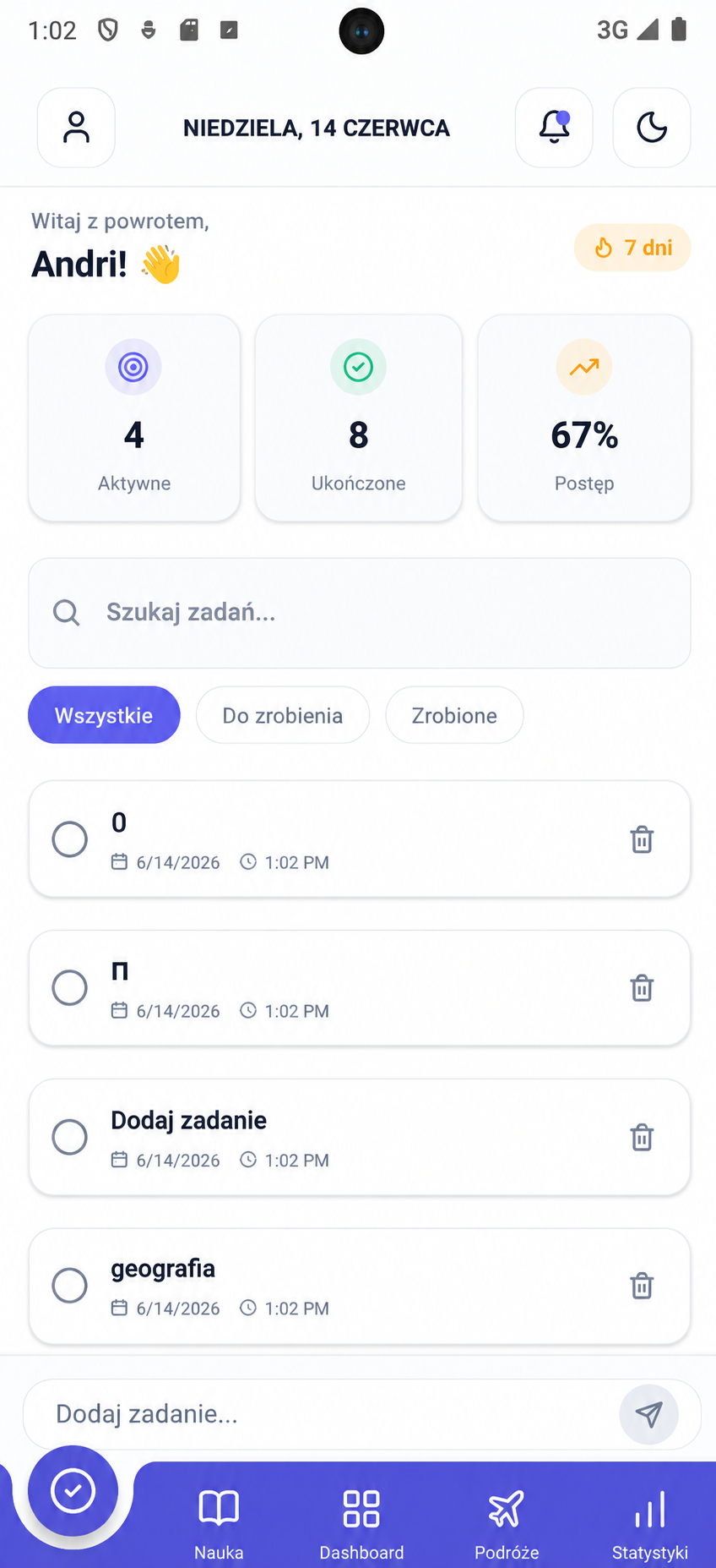 Ekran zadań z filtrami