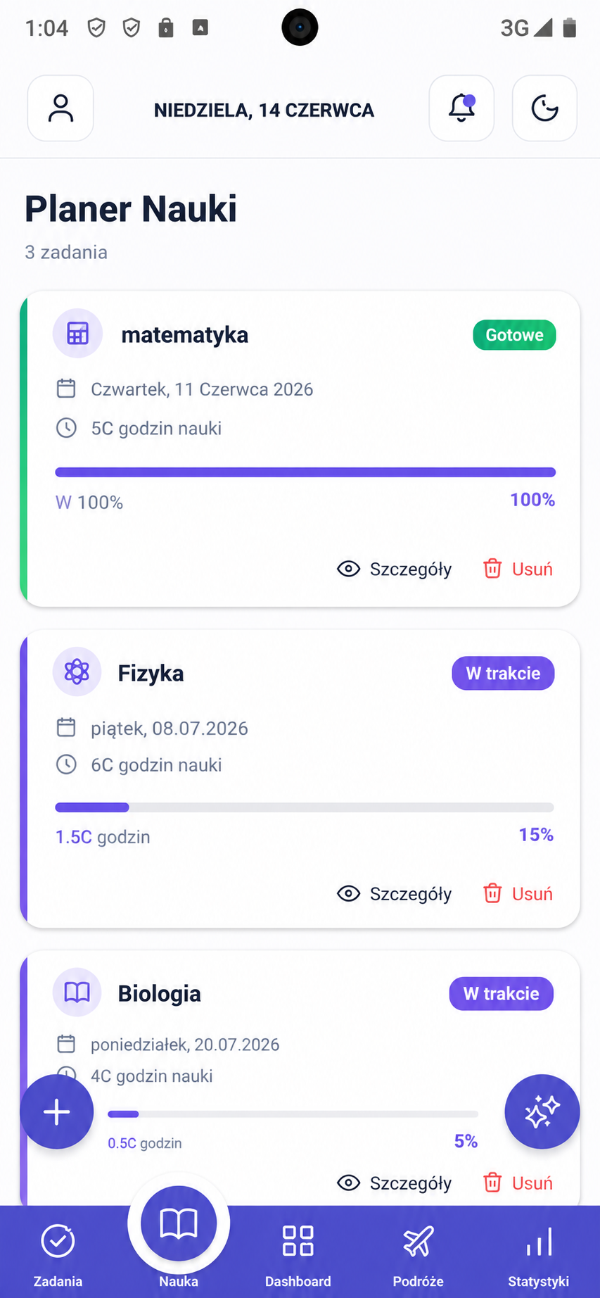 Planer nauki — lista kursów